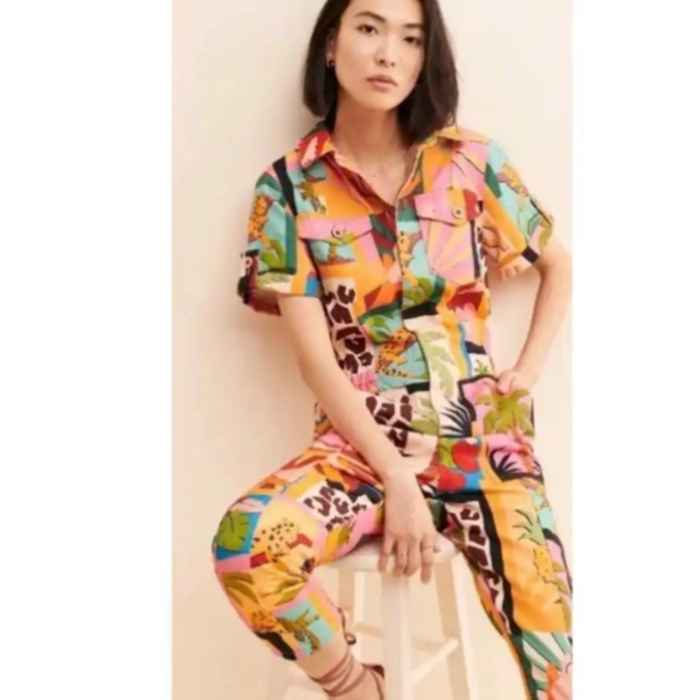 Farm Rio tropical collage canvas jumpsuit coveralls
